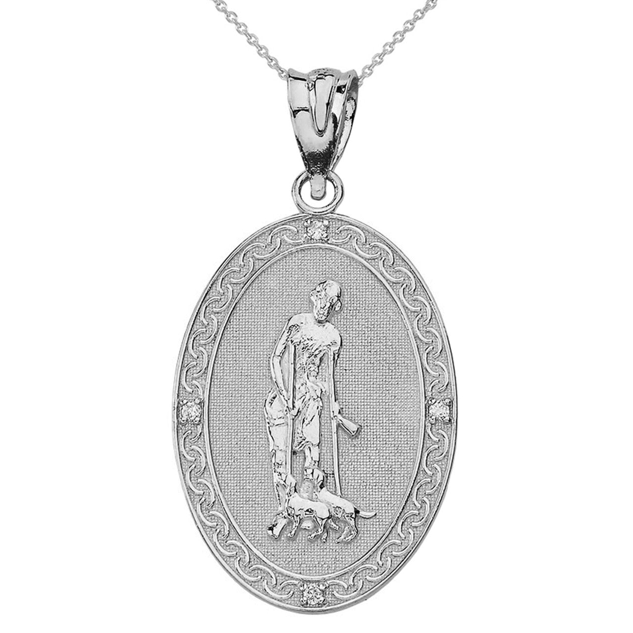 .925 Sterling Silver Cubic Zirconia Saint Lazarus Filigree Oval Medallion Pendant Necklace (1.19