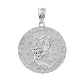 Sterling Silver Saint George Engravable CZ Medallion Pendant Necklace (Small)