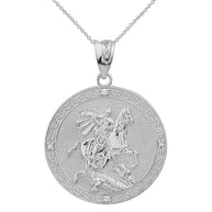 Sterling Silver Saint George Engravable CZ Medallion Pendant Necklace (Large)