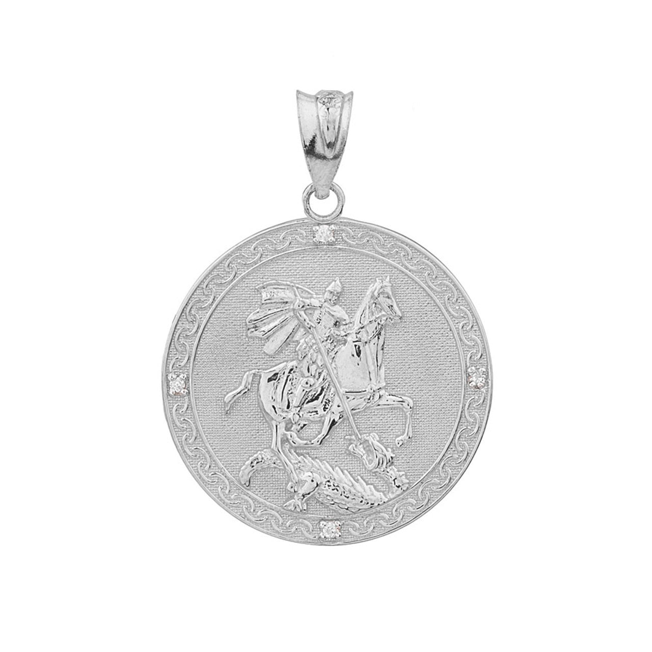 Sterling Silver Saint George Engravable CZ Medallion Pendant Necklace (Small)