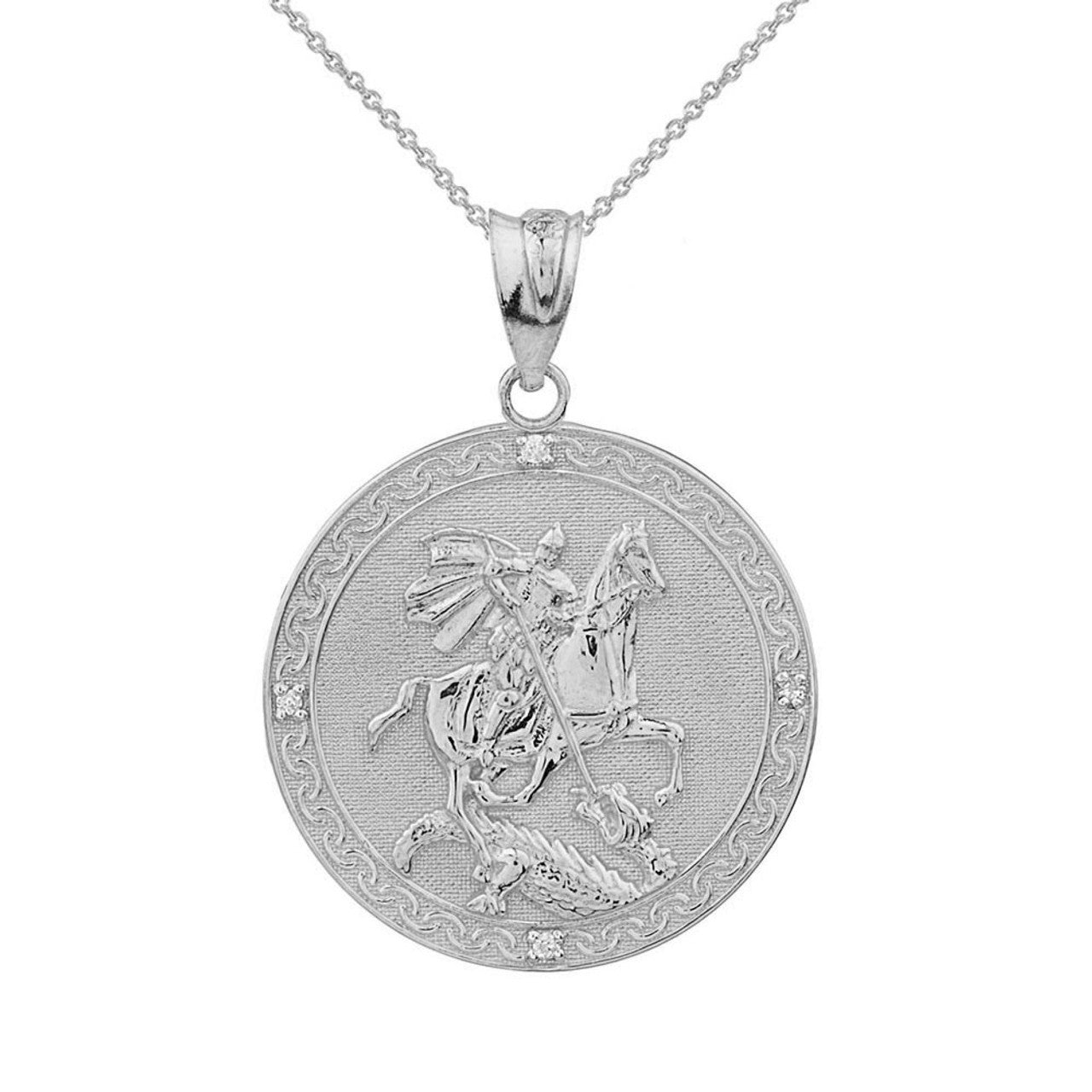 Sterling Silver Saint George Engravable CZ Medallion Pendant Necklace (Small)