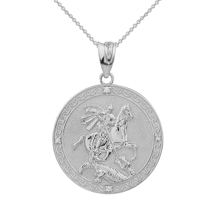 Sterling Silver Saint George Engravable CZ Medallion Pendant Necklace (Small)