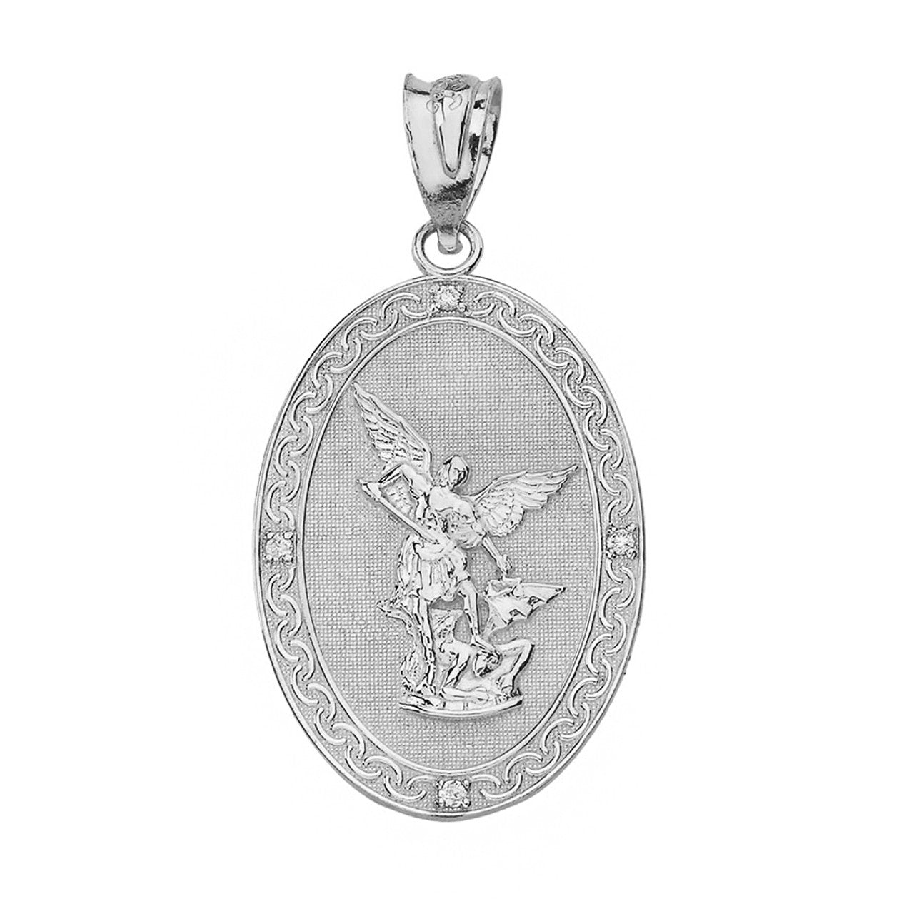 Sterling Silver Archangel Michael Oval Medallion CZ Prayer Pendant Necklace (Large)