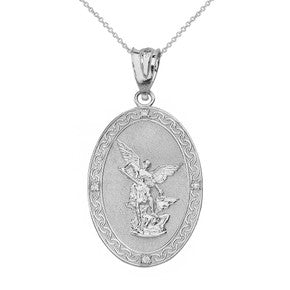 Sterling Silver Archangel Michael Oval Medallion CZ Prayer Pendant Necklace (Large)