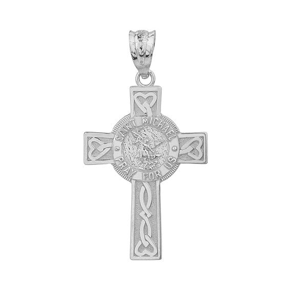 .925 Sterling Silver Celtic Cross Patron Saint Michael Archangel Heart Love Knot Pendant Necklace