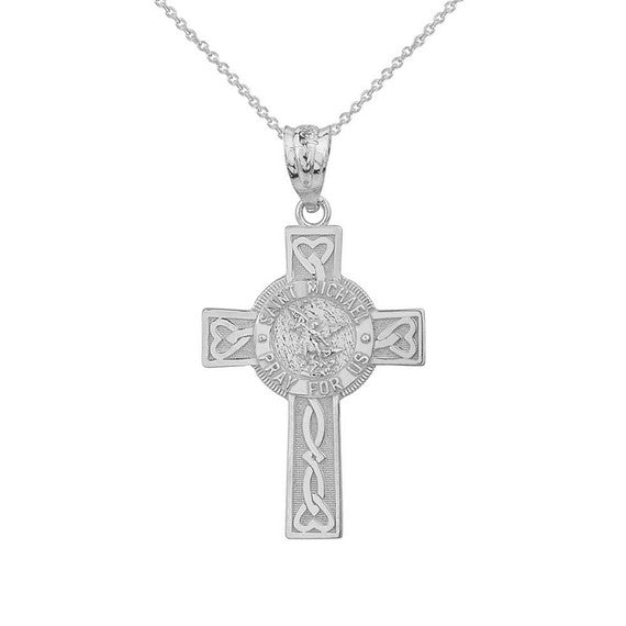 .925 Sterling Silver Celtic Cross Patron Saint Michael Archangel Heart Love Knot Pendant Necklace