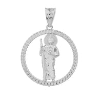 Sterling Silver Rope Frame Diamond Cut Saint Jude Circle Pendant Necklace