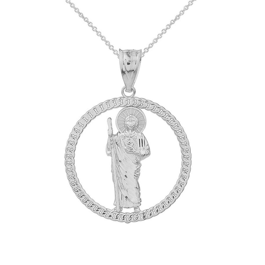 Sterling Silver Rope Frame Diamond Cut Saint Jude Circle Pendant Necklace