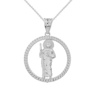 Sterling Silver Rope Frame Diamond Cut Saint Jude Circle Pendant Necklace