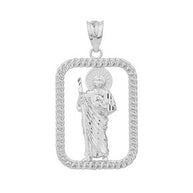 Sterling Silver Rope Frame Diamond Cut Santa Muerte Rectangle Pendant Necklace