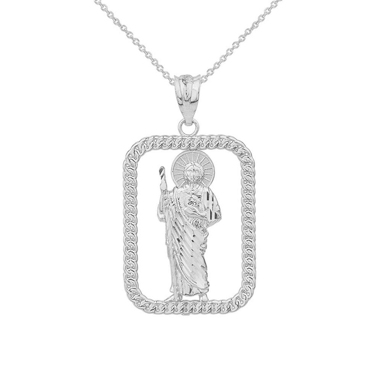Sterling Silver Rope Frame Diamond Cut Saint Jude Rectangle Pendant Necklace