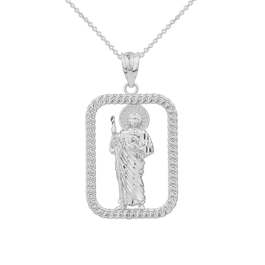 Sterling Silver Rope Frame Diamond Cut Saint Jude Rectangle Pendant Necklace