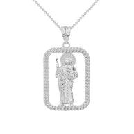 Sterling Silver Rope Frame Diamond Cut Saint Jude Rectangle Pendant Necklace