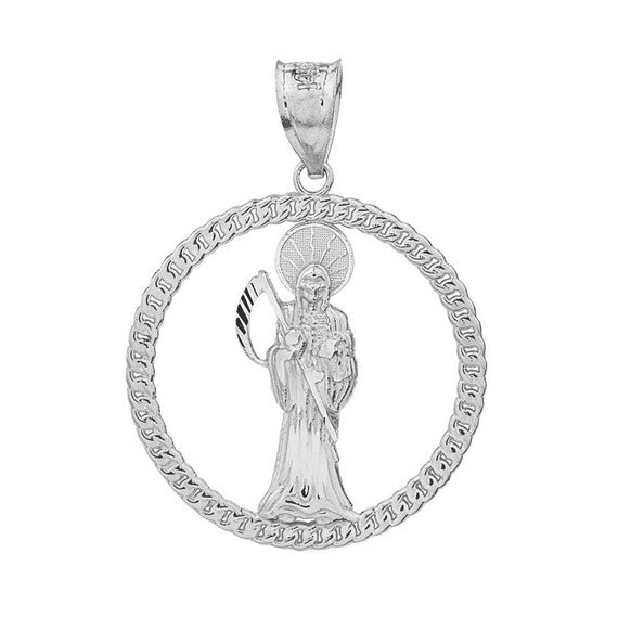 Sterling Silver Rope Frame Diamond Cut Santa Muerte Circle Pendant Necklace