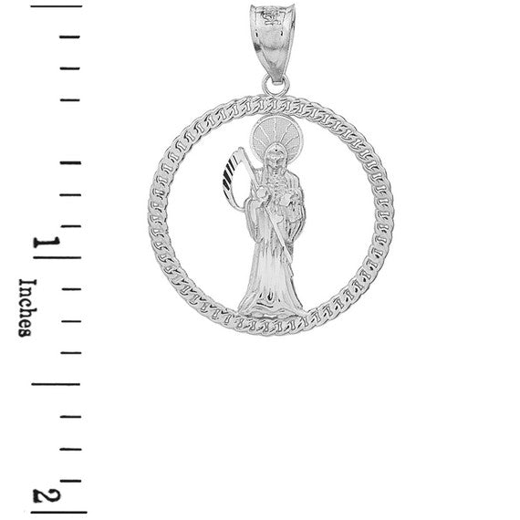 Sterling Silver Rope Frame Diamond Cut Santa Muerte Circle Pendant Necklace