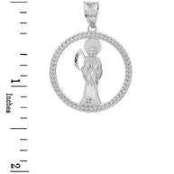 Sterling Silver Rope Frame Diamond Cut Santa Muerte Circle Pendant Necklace