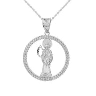 Sterling Silver Rope Frame Diamond Cut Santa Muerte Circle Pendant Necklace
