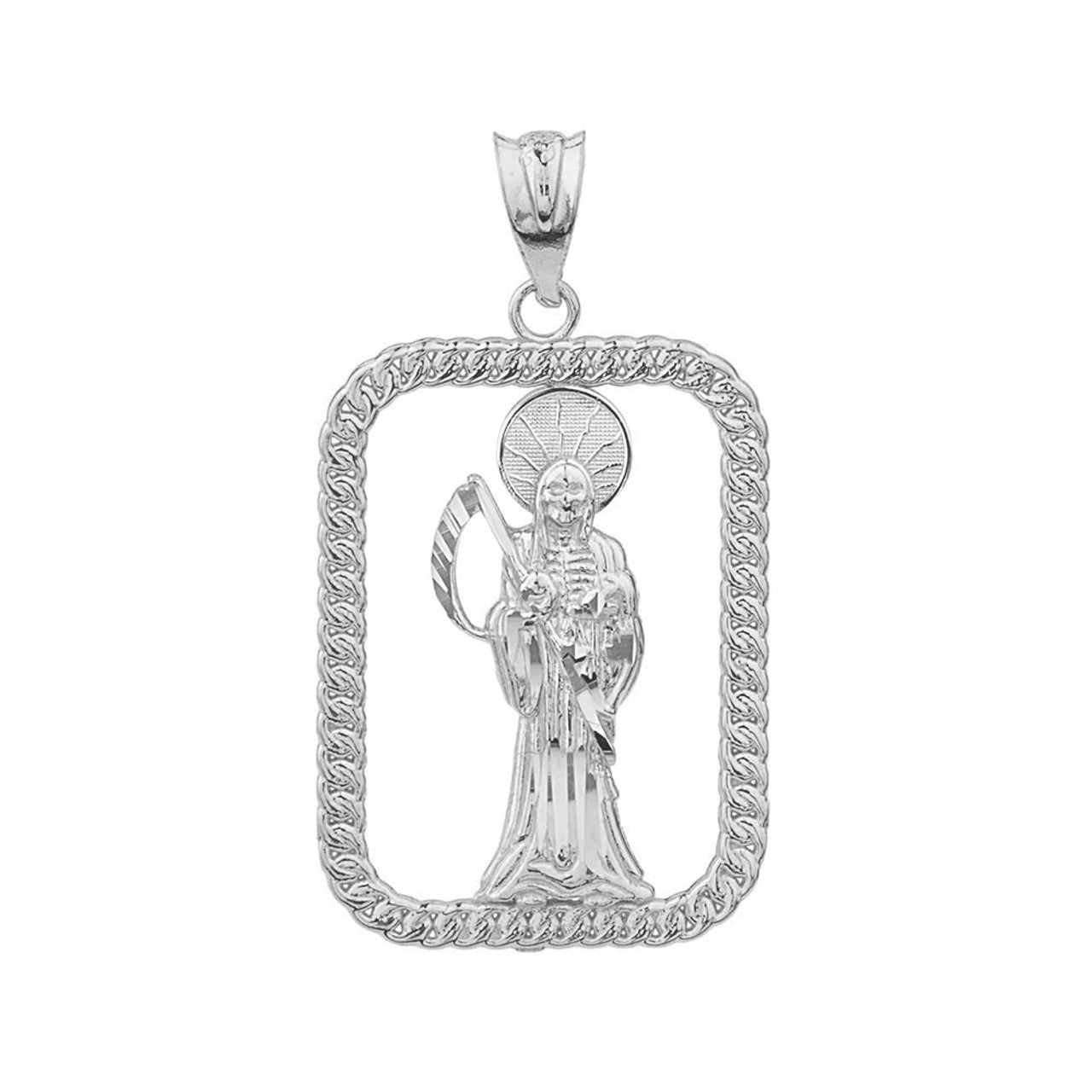 Sterling Silver Rope Frame Diamond Cut Santa Muerte Rectangle Pendant Necklace