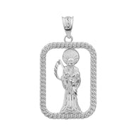 Sterling Silver Rope Frame Diamond Cut Santa Muerte Rectangle Pendant Necklace