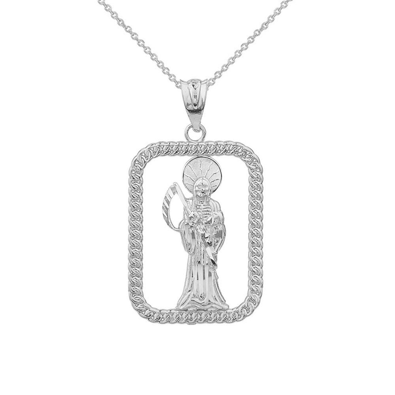 Sterling Silver Rope Frame Diamond Cut Santa Muerte Rectangle Pendant Necklace