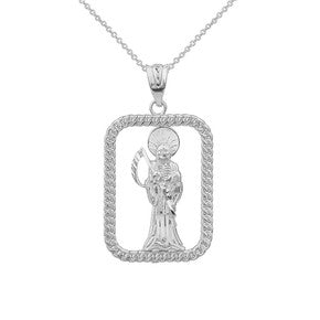 Sterling Silver Rope Frame Diamond Cut Saint Jude Rectangle Pendant Necklace