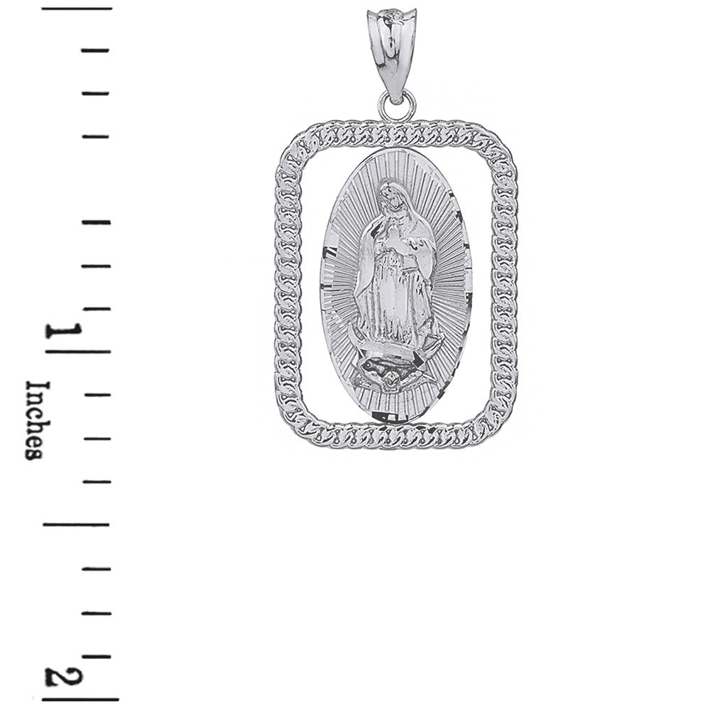Sterling Silver Cuban Link Rectangular Frame Diamond Cut Lady of Guadalupe Pendant Necklace