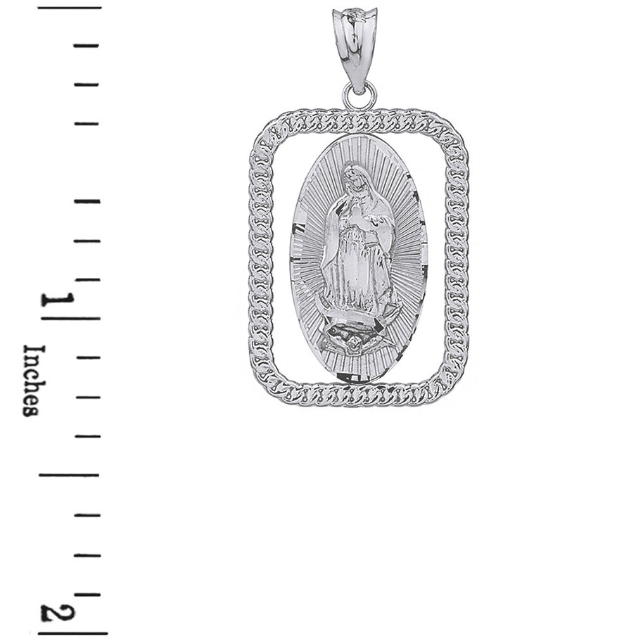 Sterling Silver Cuban Link Rectangular Frame Diamond Cut Lady of Guadalupe Pendant Necklace