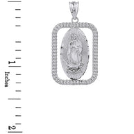 Sterling Silver Cuban Link Rectangular Frame Diamond Cut Lady of Guadalupe Pendant Necklace
