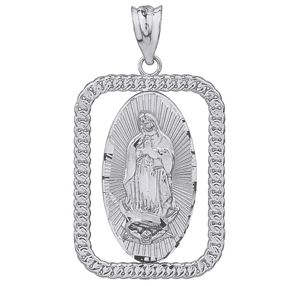 Sterling Silver Cuban Link Rectangular Frame Diamond Cut Lady of Guadalupe Pendant Necklace