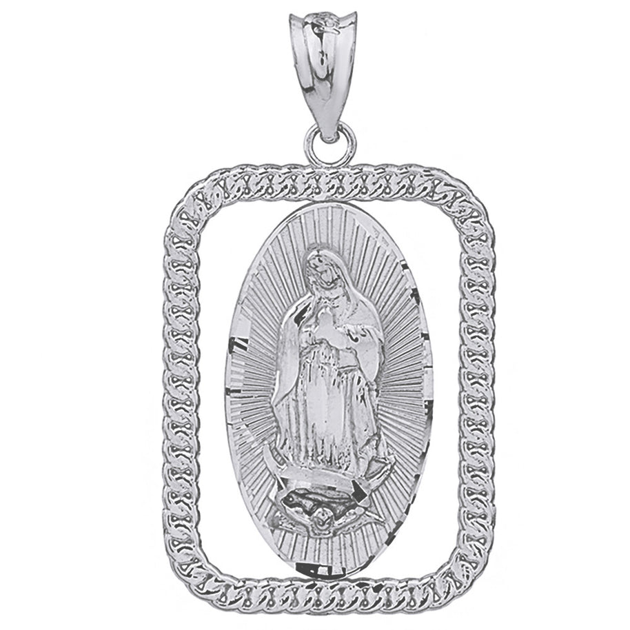 Sterling Silver Cuban Link Rectangular Frame Diamond Cut Lady of Guadalupe Pendant Necklace