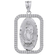 Sterling Silver Cuban Link Rectangular Frame Diamond Cut Lady of Guadalupe Pendant Necklace