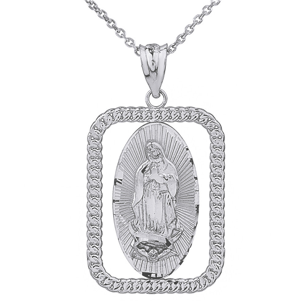 Sterling Silver Cuban Link Rectangular Frame Diamond Cut Lady of Guadalupe Pendant Necklace