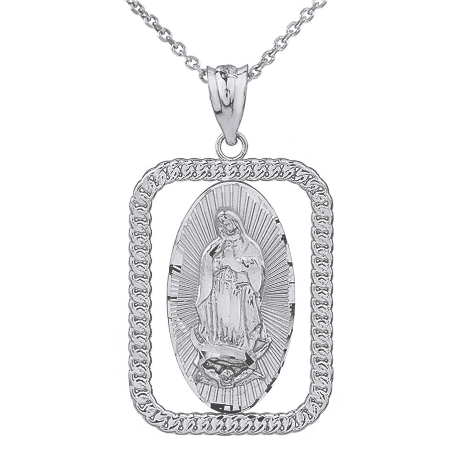 Sterling Silver Cuban Link Rectangular Frame Diamond Cut Lady of Guadalupe Pendant Necklace