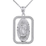 Sterling Silver Cuban Link Rectangular Frame Diamond Cut Lady of Guadalupe Pendant Necklace