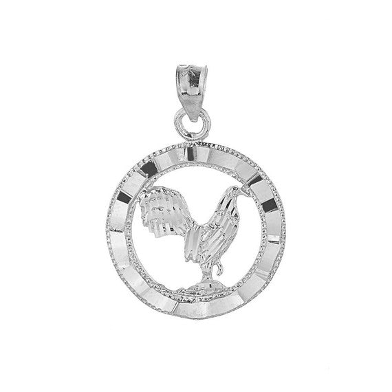 Sterling Silver Diamond Cut Rooster Charm Pendant Necklace