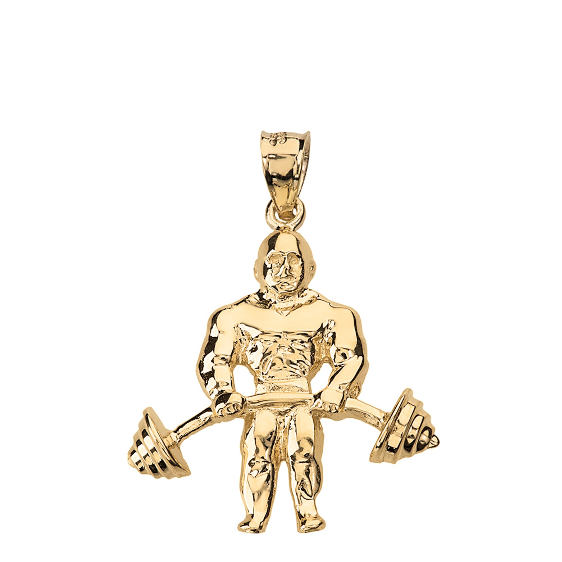 Solid Gold Weightlifting Fitness Sport Bodybuilder and Barbell Pendant Necklace(Available in Yellow/Rose/White Gold)