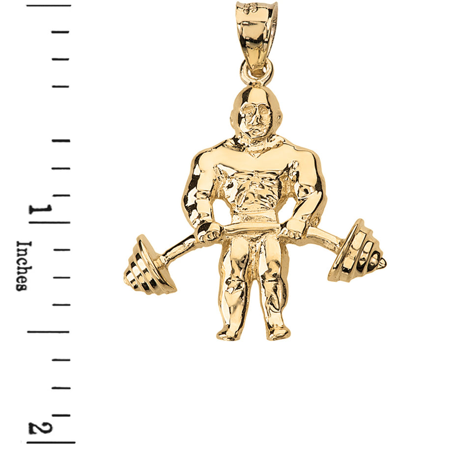 Solid Gold Weightlifting Fitness Sport Bodybuilder and Barbell Pendant Necklace(Available in Yellow/Rose/White Gold)