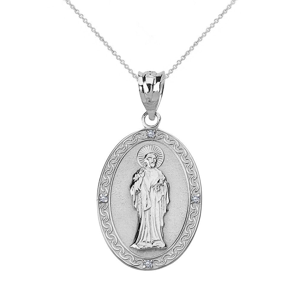 Sterling Silver CZ Saint Peter Engravable Oval Medallion Pendant Necklace (Small)