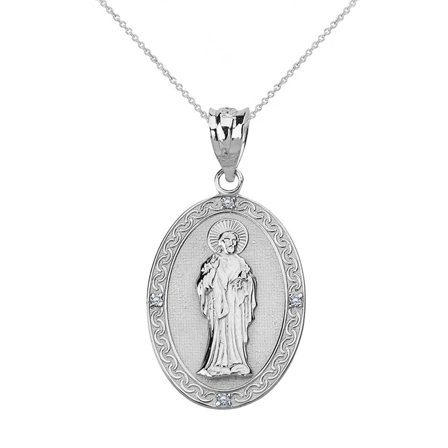 Sterling Silver CZ Saint Peter Engravable Oval Medallion Pendant Necklace (Small)