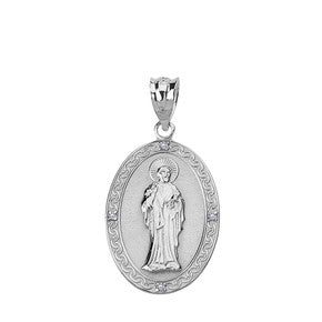 Sterling Silver Engravable CZ Saint Augustine Oval Pendant Necklace 1.04
