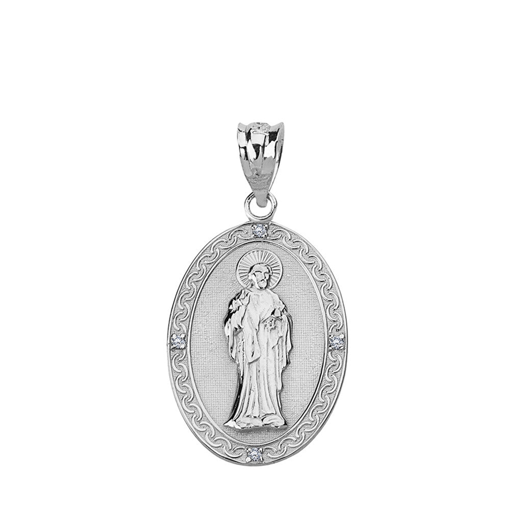 Sterling Silver CZ Saint Peter Engravable Oval Medallion Pendant Necklace (Small)