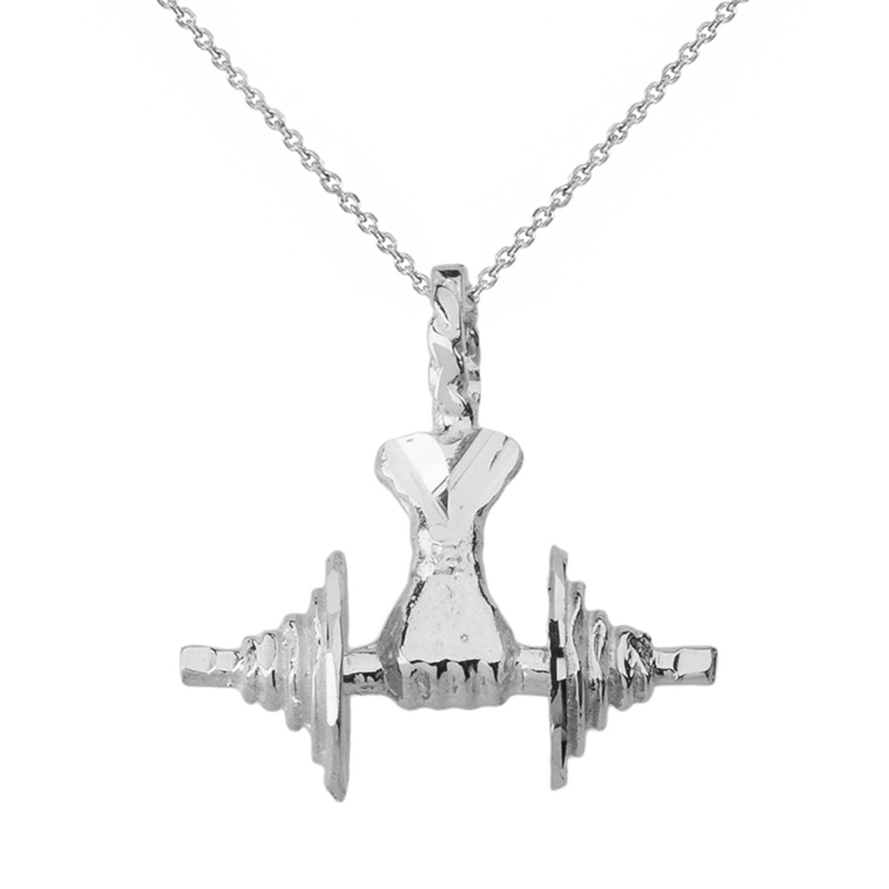 Sterling Silver Bodybuilding Lifting Barbell 3D Pendant Necklace
