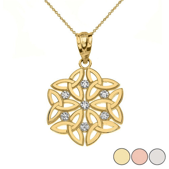 Gold Diamond Milgrain Irish Celtic Dara Knot Trinity Triquetra Pendant Necklace (Available in Yellow/Rose/White Gold)