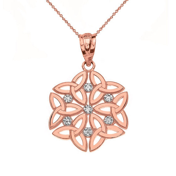Gold Diamond Milgrain Irish Celtic Dara Knot Trinity Triquetra Pendant Necklace (Available in Yellow/Rose/White Gold)