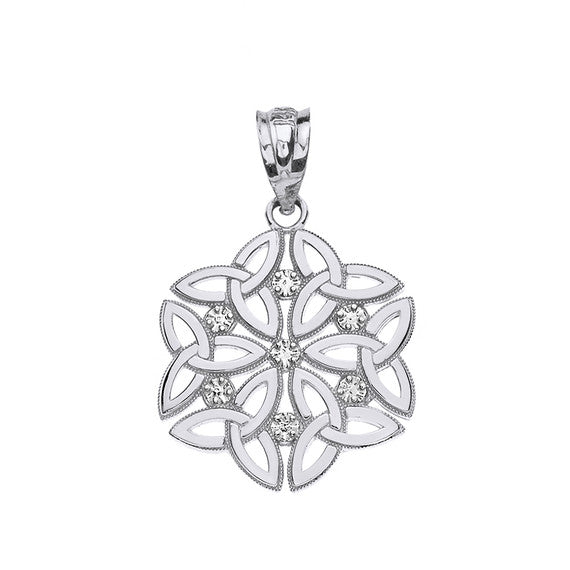 .925 Sterling Silver Cubic Zirconia Milgrain Irish Celtic Dara Knot Trinity Triquetra Pendant Necklace