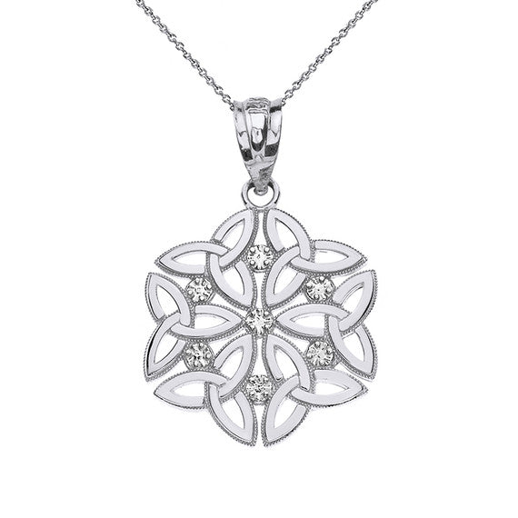 .925 Sterling Silver Cubic Zirconia Milgrain Irish Celtic Dara Knot Trinity Triquetra Pendant Necklace