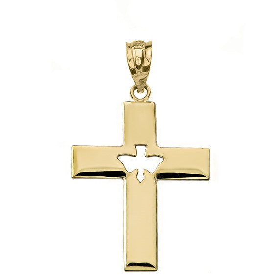 Solid Gold Cross with Dove Holy Spirit Cut Out Pendant Necklace(Available in Yellow/Rose/White Gold)