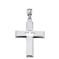 Sterling Silver Cross with Dove Holy Spirit Cut Out Pendant Necklace