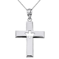 Sterling Silver Cross with Dove Holy Spirit Cut Out Pendant Necklace