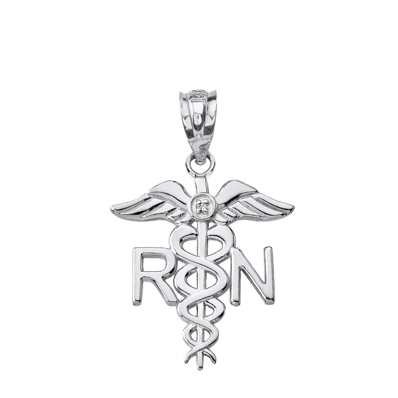 .925 Sterling Silver CZ Registered Nurse RN Caduceus Pendant Necklace